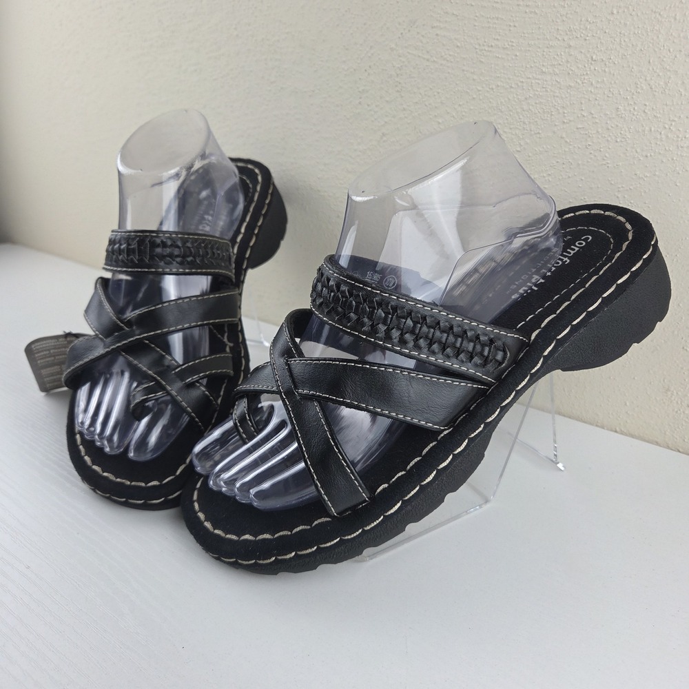 Comfort Plus By Predictions Black Toe Strap Memory Foam Comfort Sandals Wmns 10W